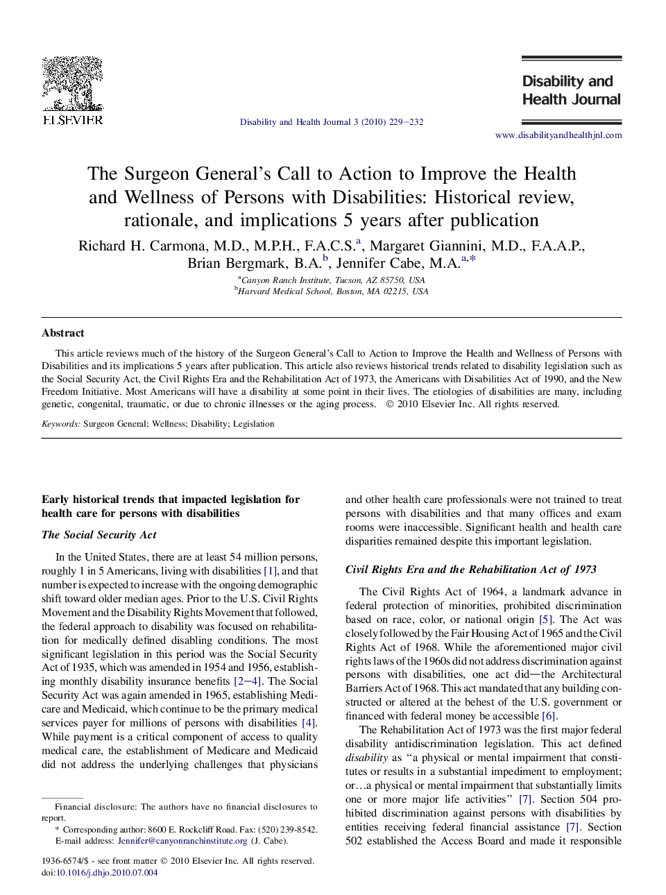 The Surgeon General’s Call to Action to Improve the Health and Wellness of Persons with Disabilities: Historical review, rationale, and implications 5 years after publication 