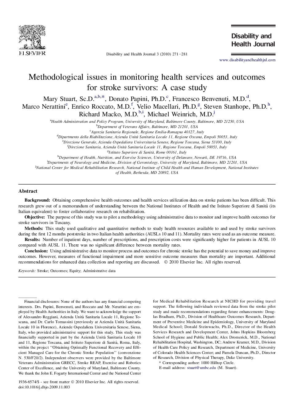 Methodological issues in monitoring health services and outcomes for stroke survivors: A case study 