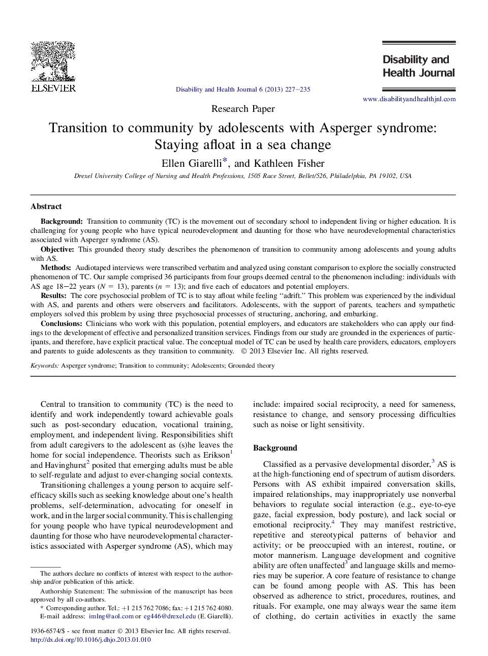 Transition to community by adolescents with Asperger syndrome: Staying afloat in a sea change 