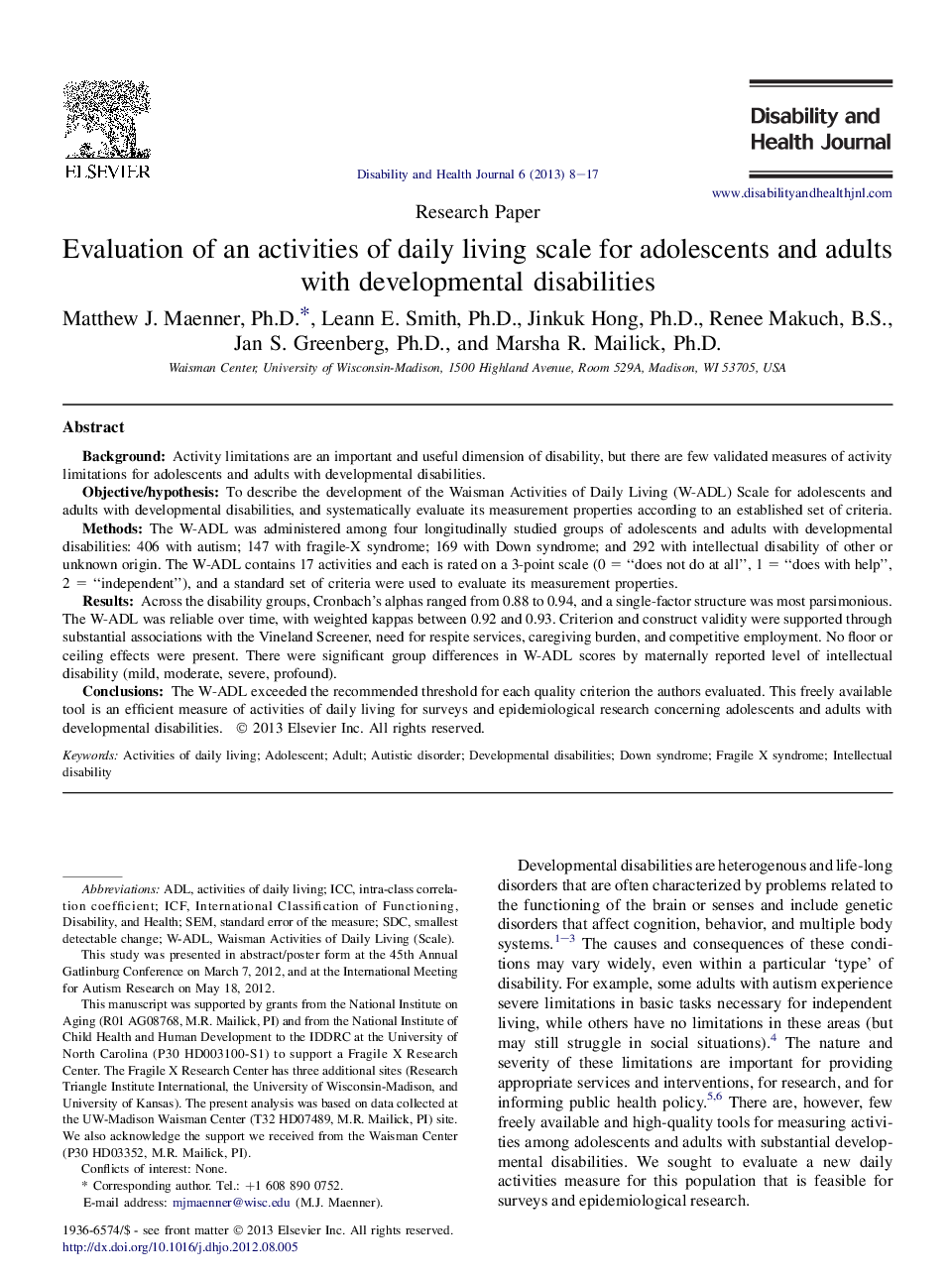 Evaluation of an activities of daily living scale for adolescents and adults with developmental disabilities 