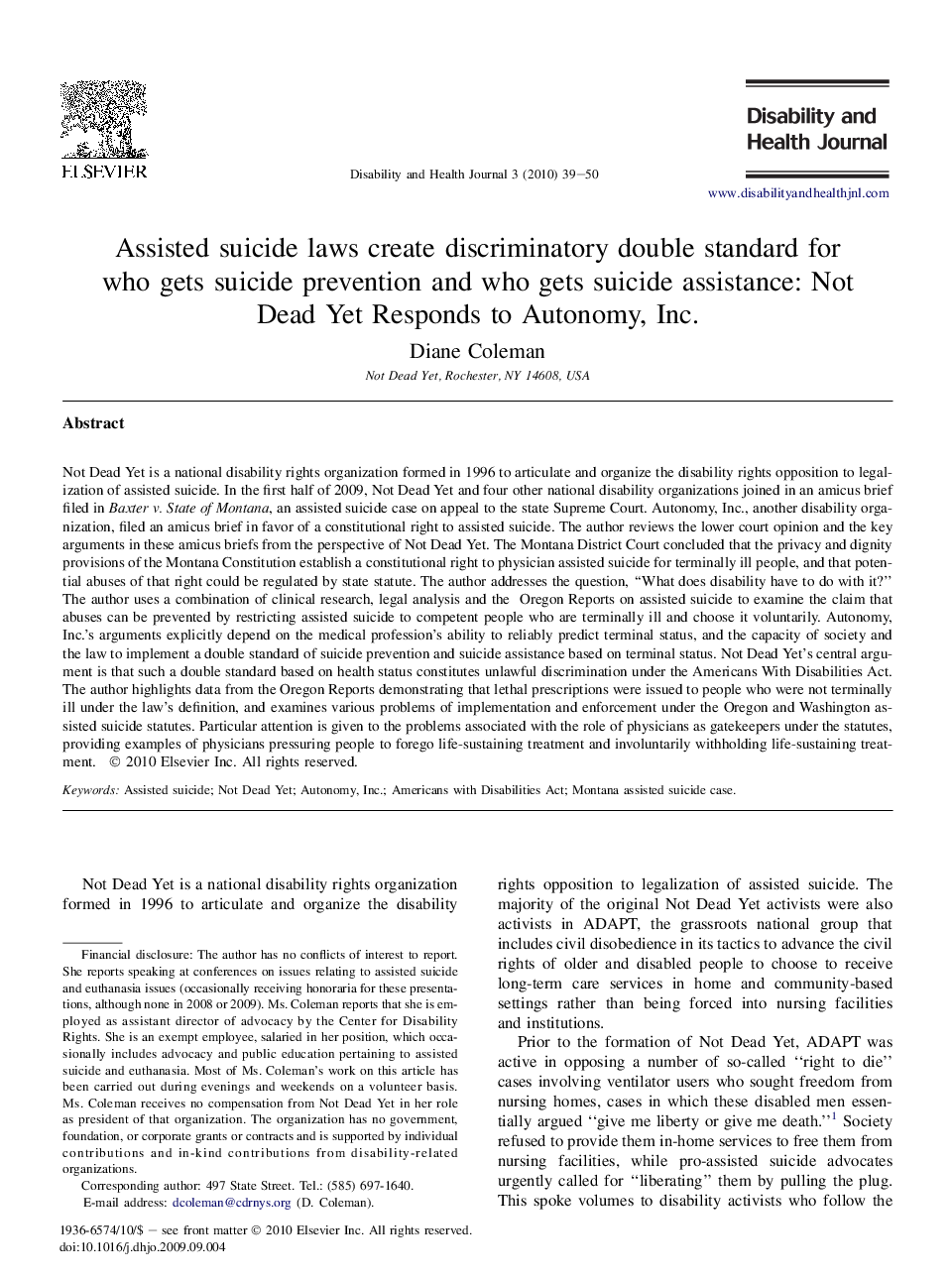 Assisted suicide laws create discriminatory double standard for who gets suicide prevention and who gets suicide assistance: Not Dead Yet Responds to Autonomy, Inc. 