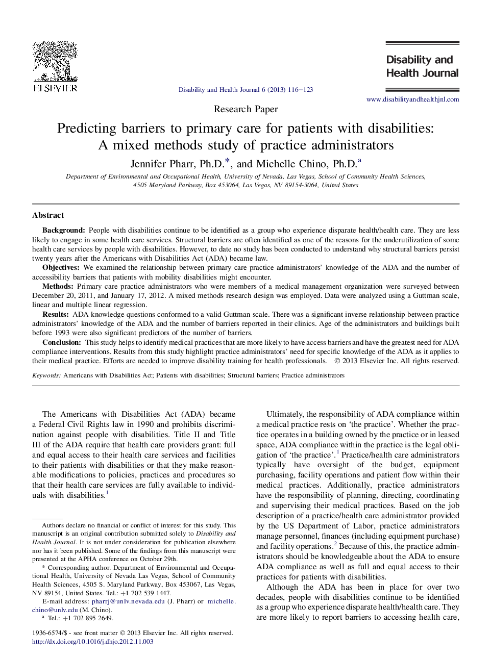 Predicting barriers to primary care for patients with disabilities: A mixed methods study of practice administrators 