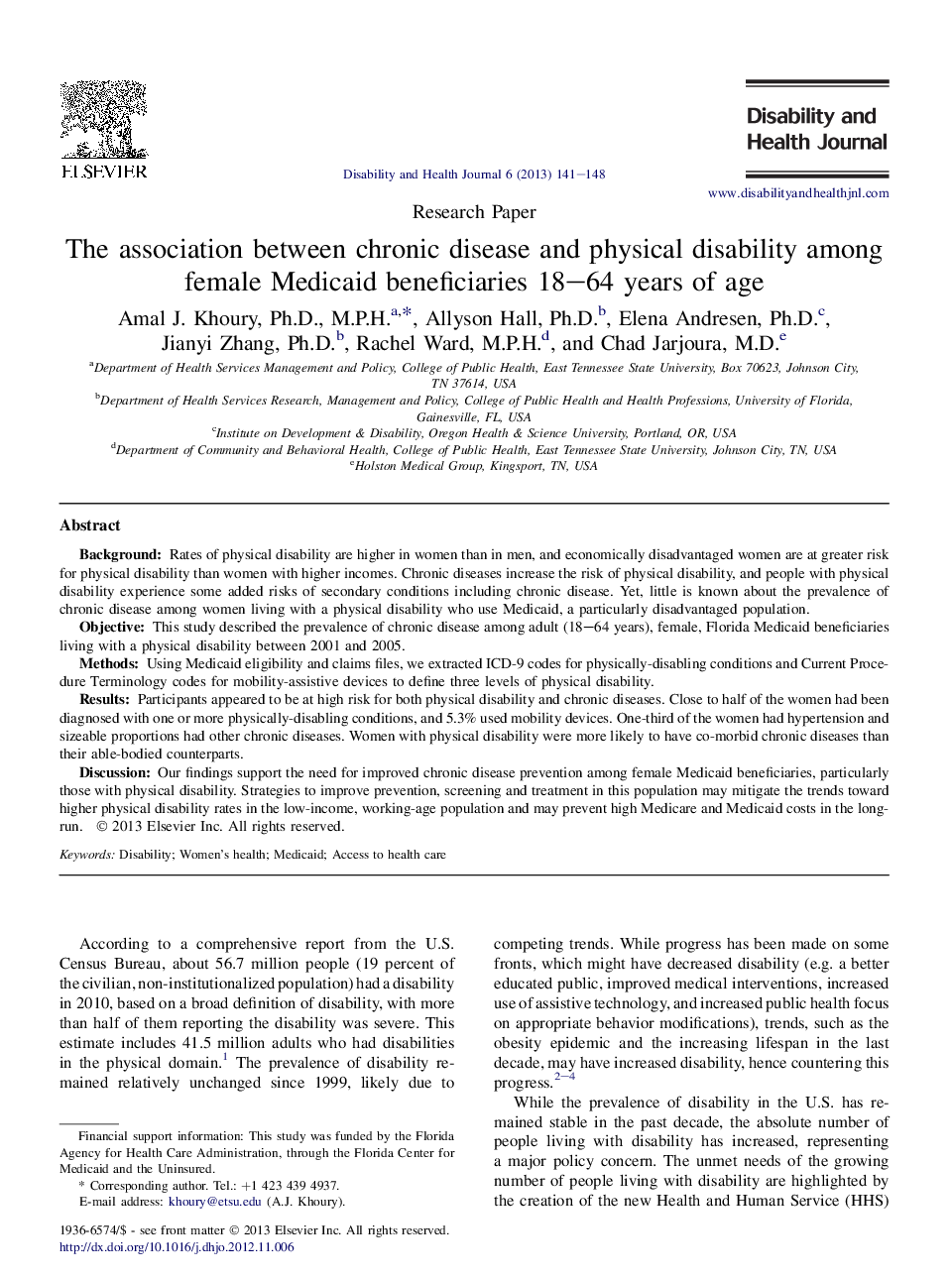 The association between chronic disease and physical disability among female Medicaid beneficiaries 18–64 years of age 