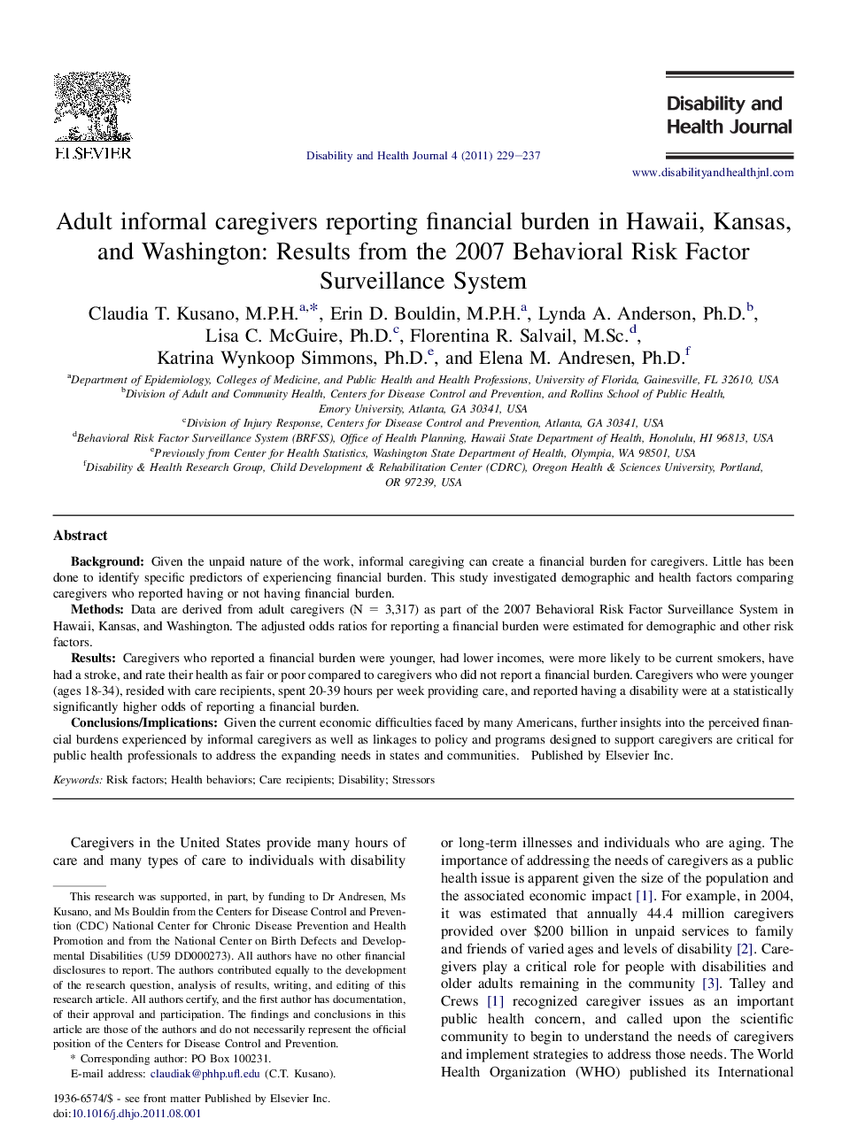 Adult informal caregivers reporting financial burden in Hawaii, Kansas, and Washington: Results from the 2007 Behavioral Risk Factor Surveillance System 