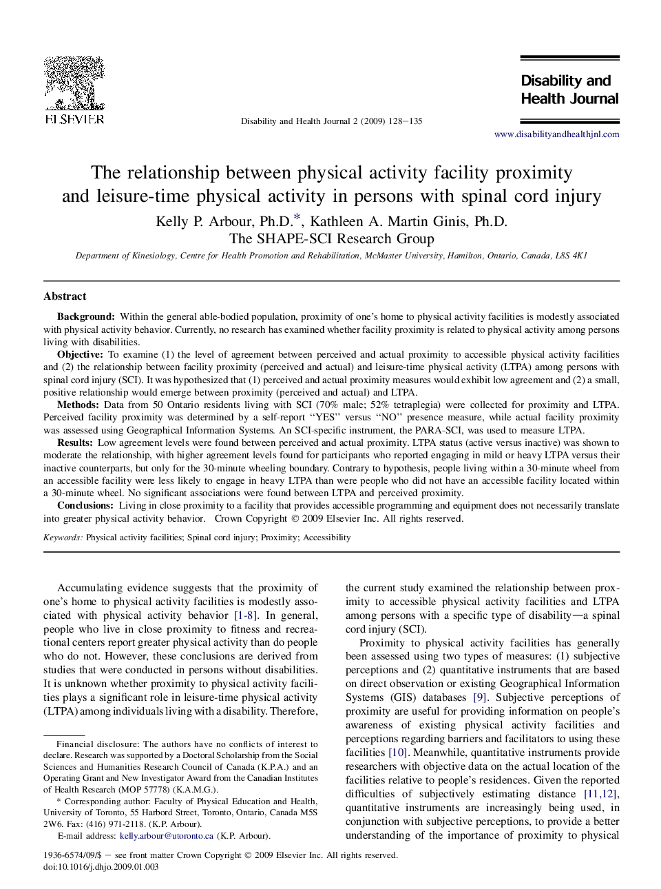 The relationship between physical activity facility proximity and leisure-time physical activity in persons with spinal cord injury 