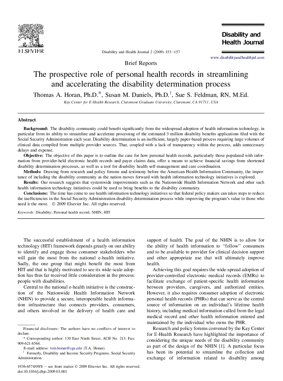 The prospective role of personal health records in streamlining and accelerating the disability determination process