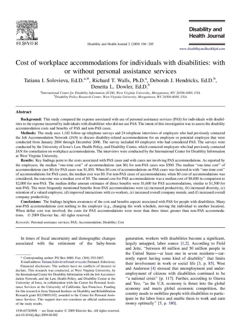 عکس صفحه اول مقاله: Cost of workplace accommodations for individuals with disabilities: with or without personal assistance services Cost of workplace accommodations for individuals with disabilities: with or without personal assistance services