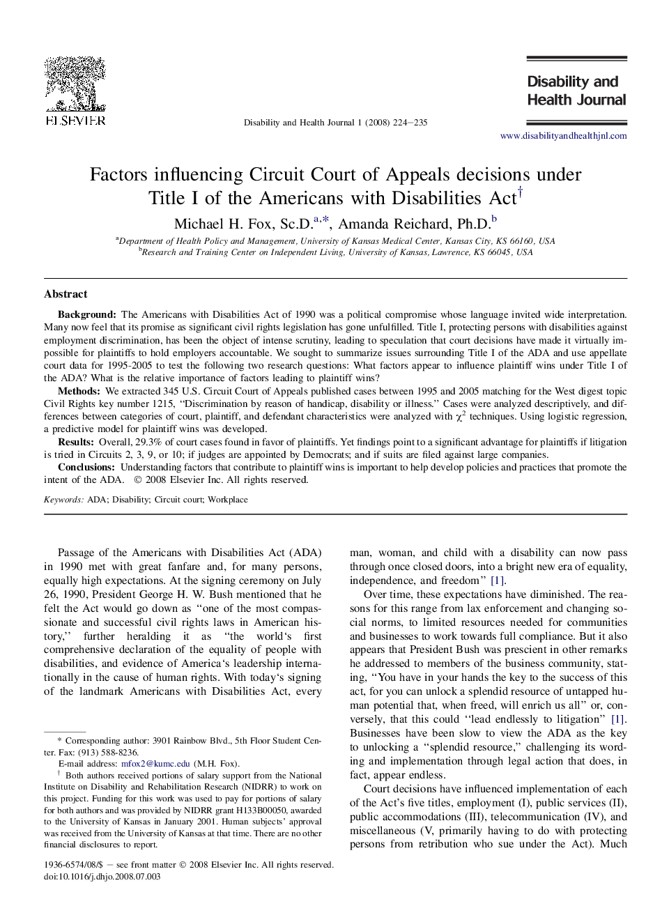 Factors influencing Circuit Court of Appeals decisions under Title I of the Americans with Disabilities Act†