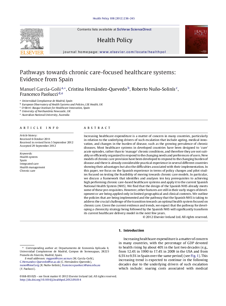 Pathways towards chronic care-focused healthcare systems: Evidence from Spain