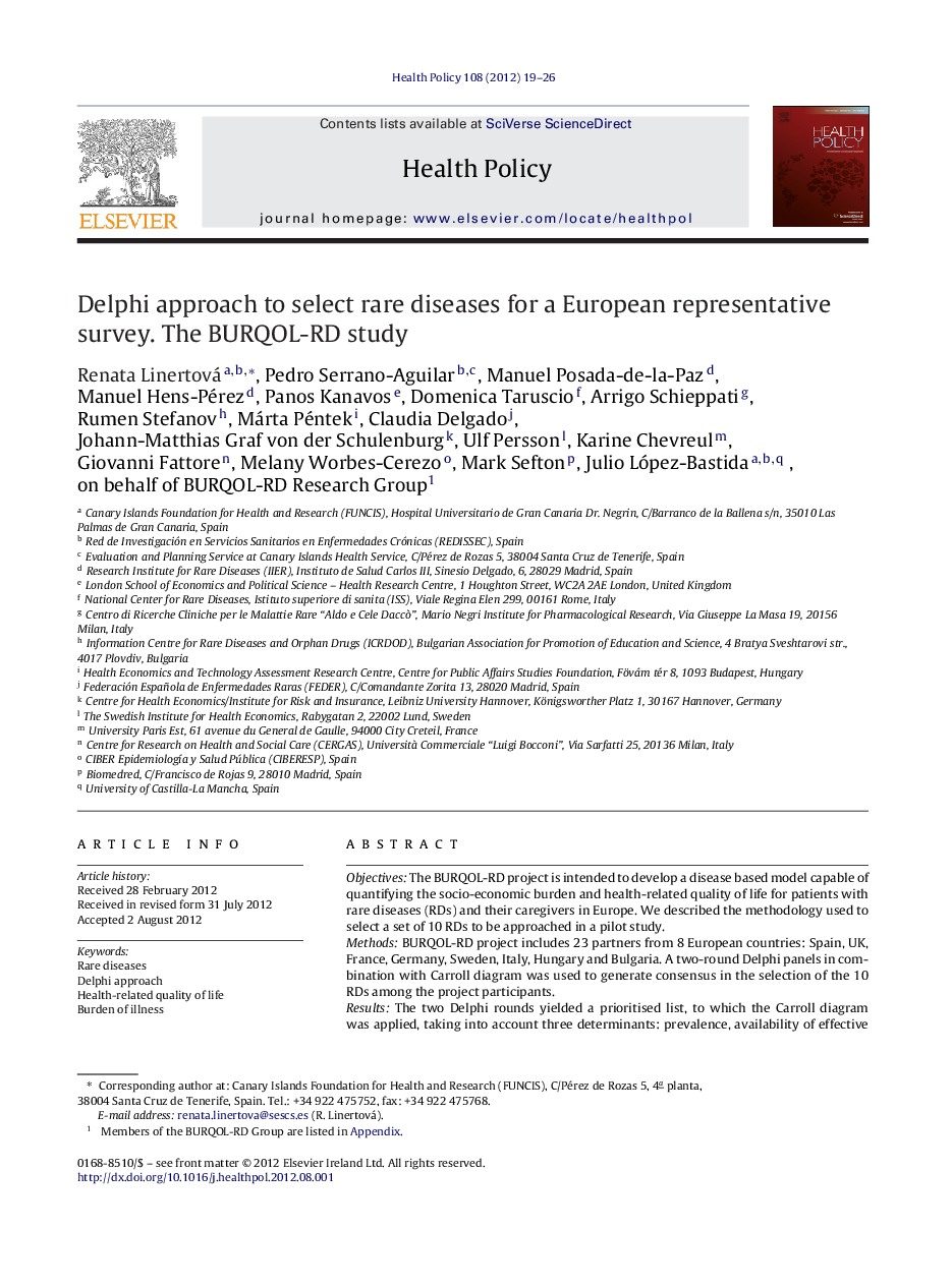 Delphi approach to select rare diseases for a European representative survey. The BURQOL-RD study