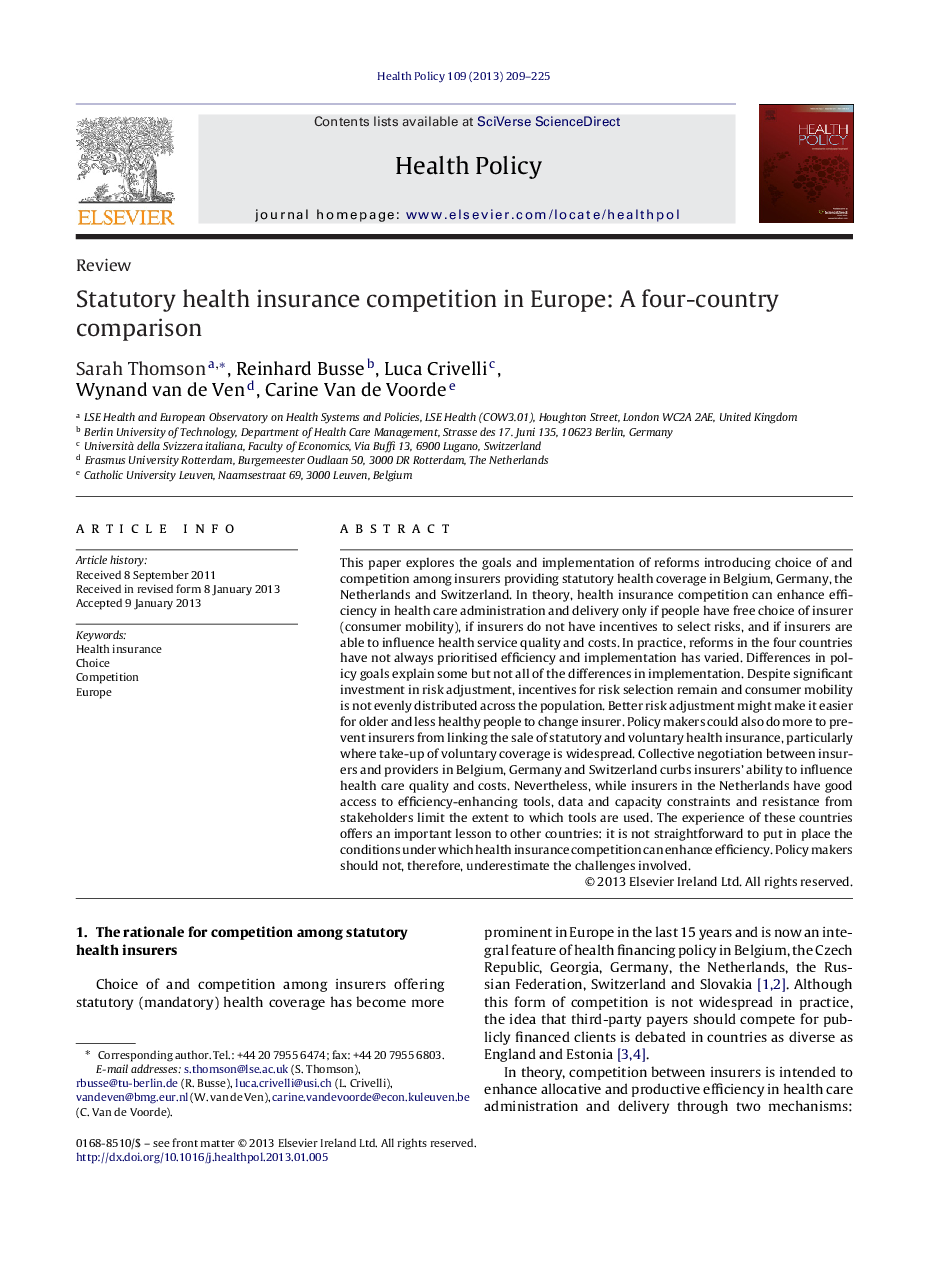 Statutory health insurance competition in Europe: A four-country comparison