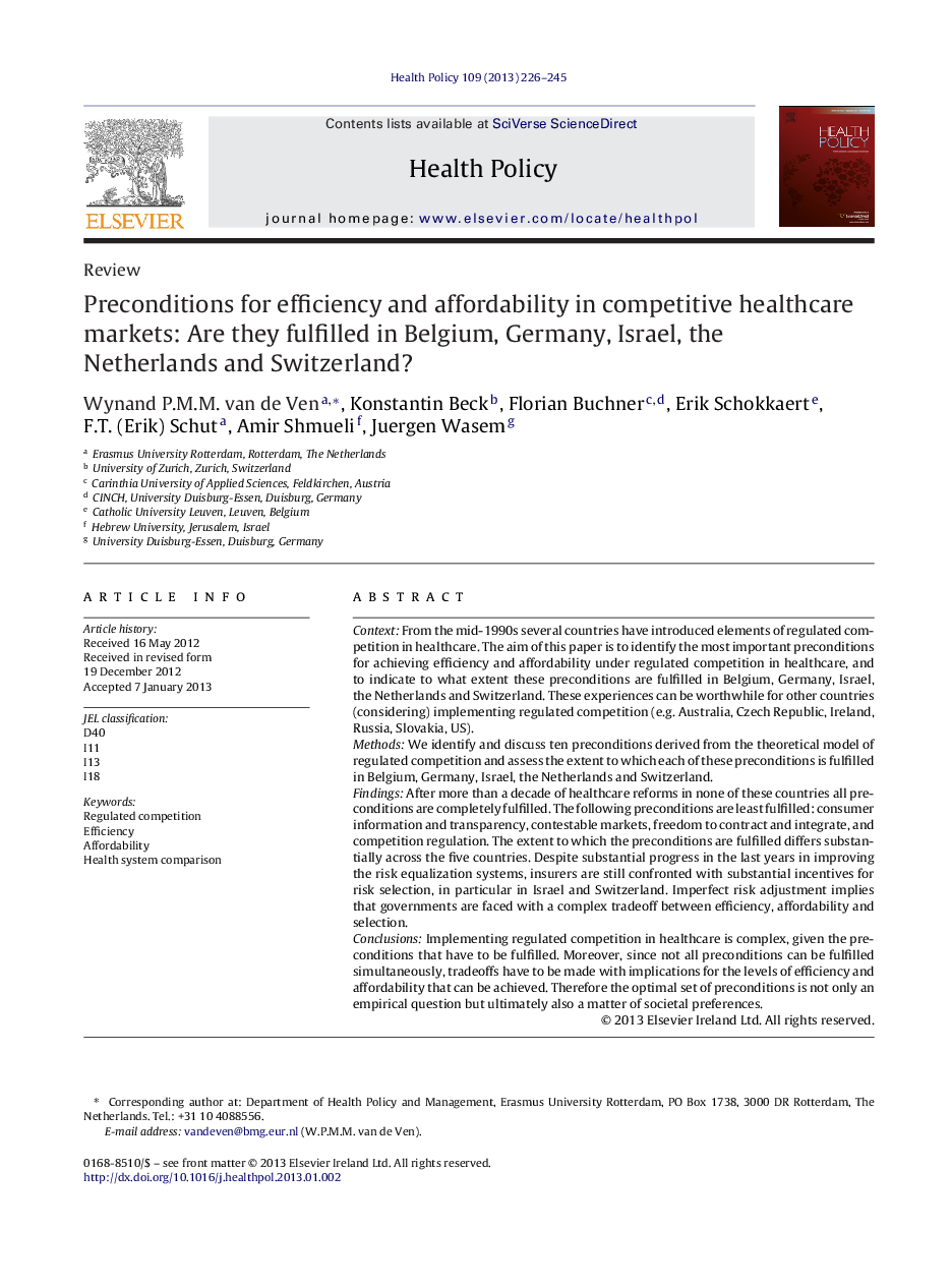 Preconditions for efficiency and affordability in competitive healthcare markets: Are they fulfilled in Belgium, Germany, Israel, the Netherlands and Switzerland?