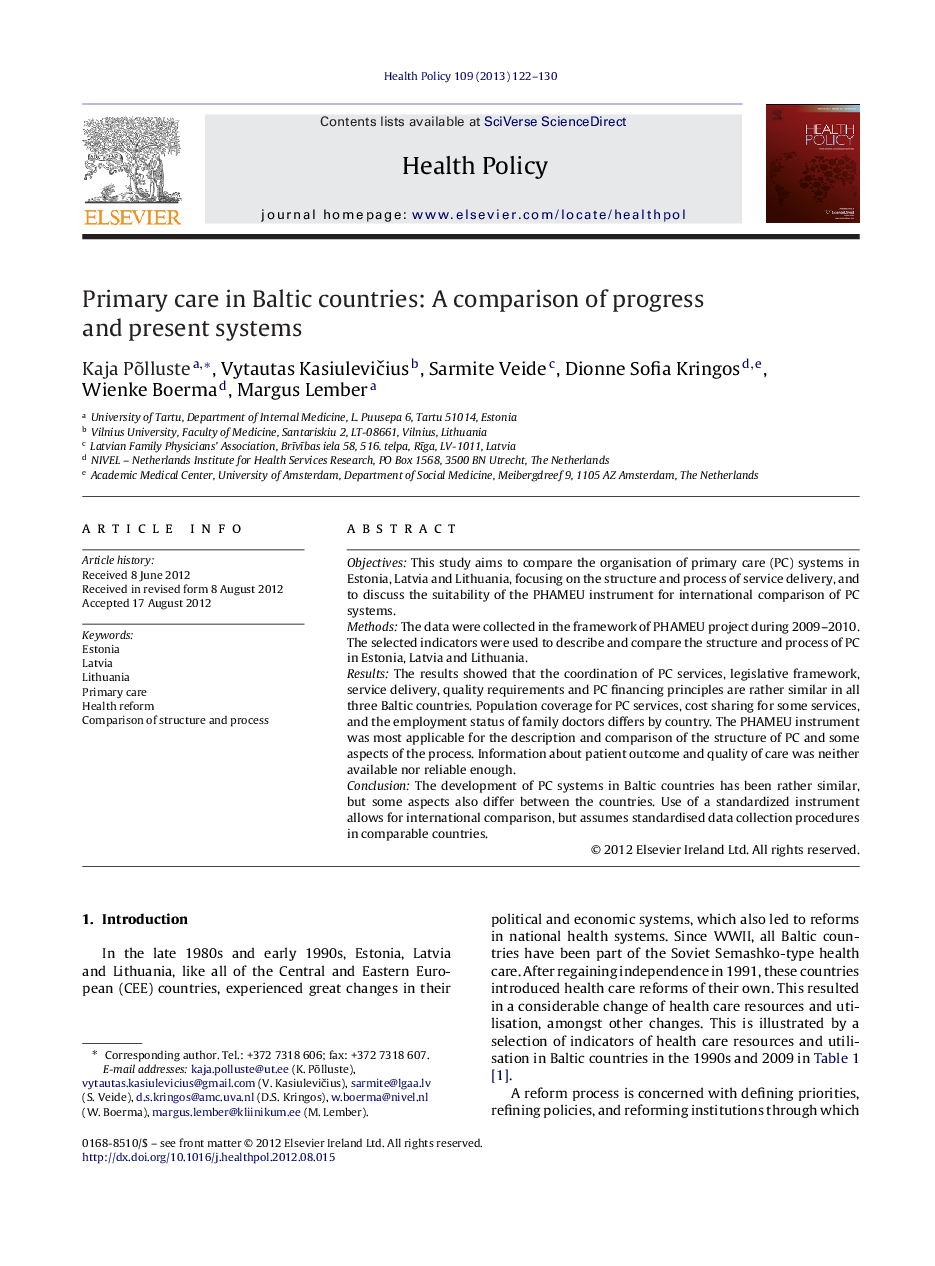 Primary care in Baltic countries: A comparison of progress and present systems