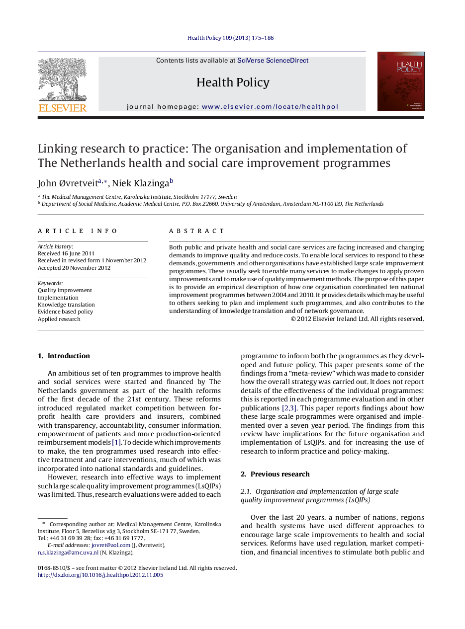 Linking research to practice: The organisation and implementation of The Netherlands health and social care improvement programmes