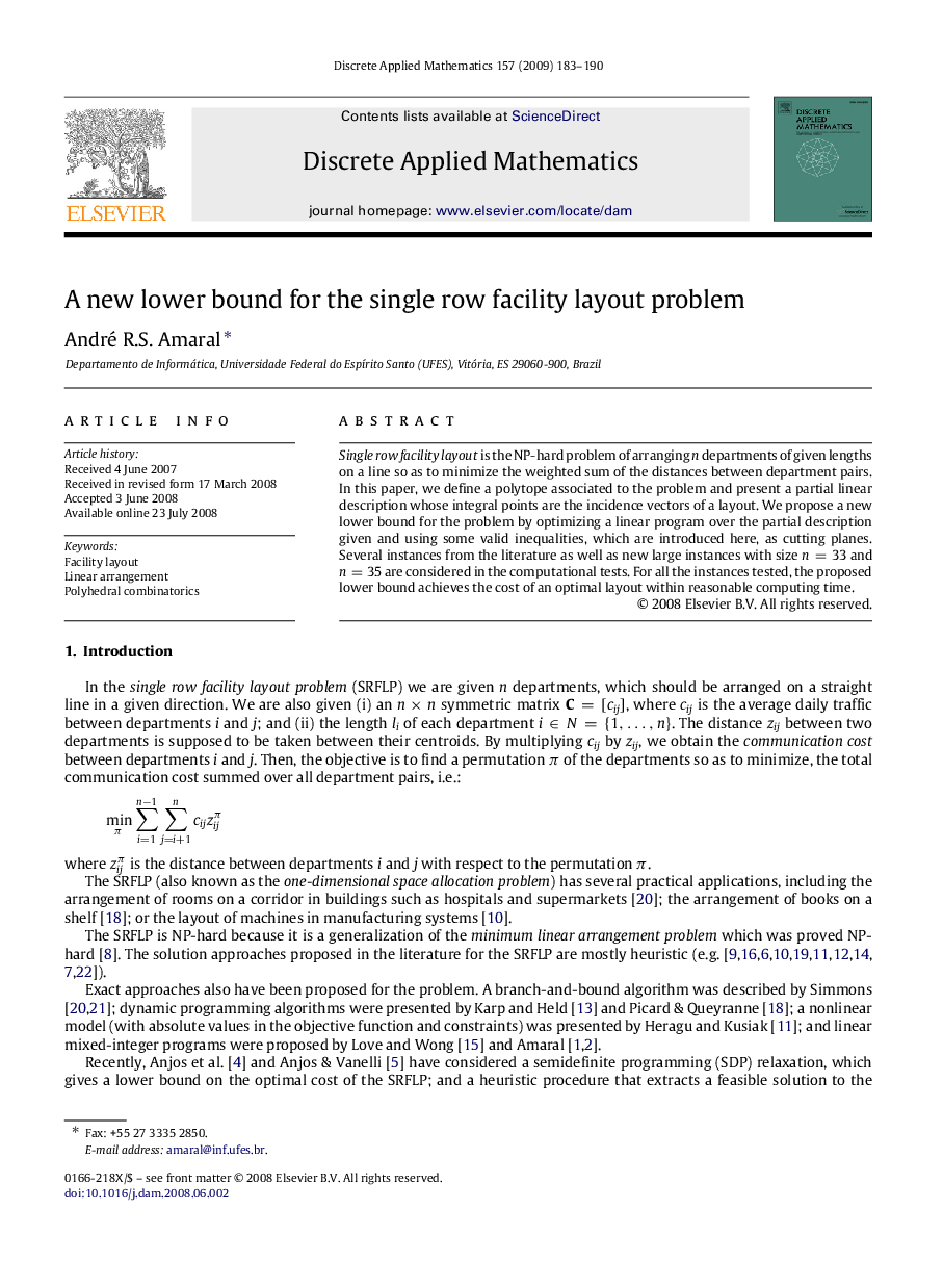 A new lower bound for the single row facility layout problem