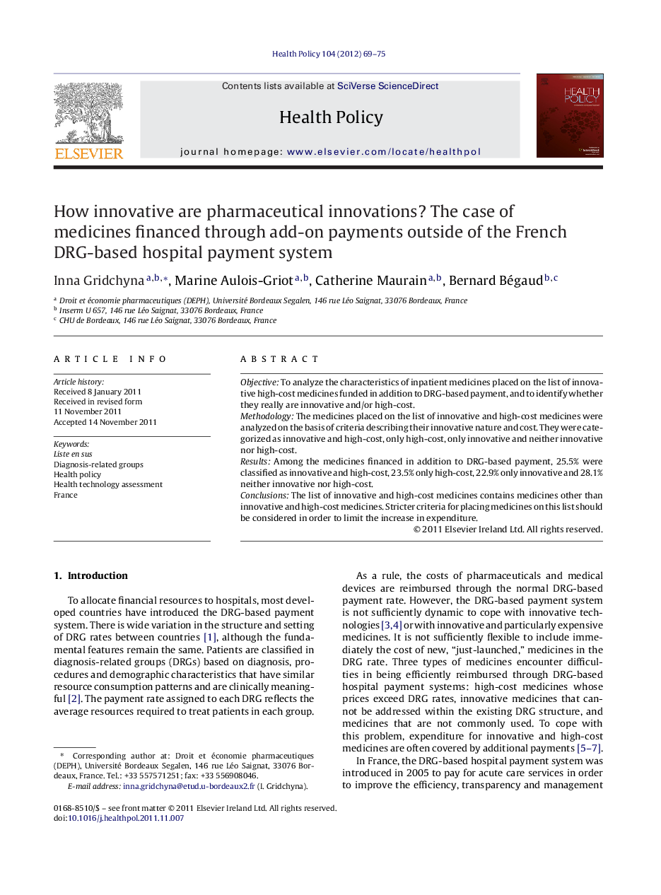 How innovative are pharmaceutical innovations? The case of medicines financed through add-on payments outside of the French DRG-based hospital payment system