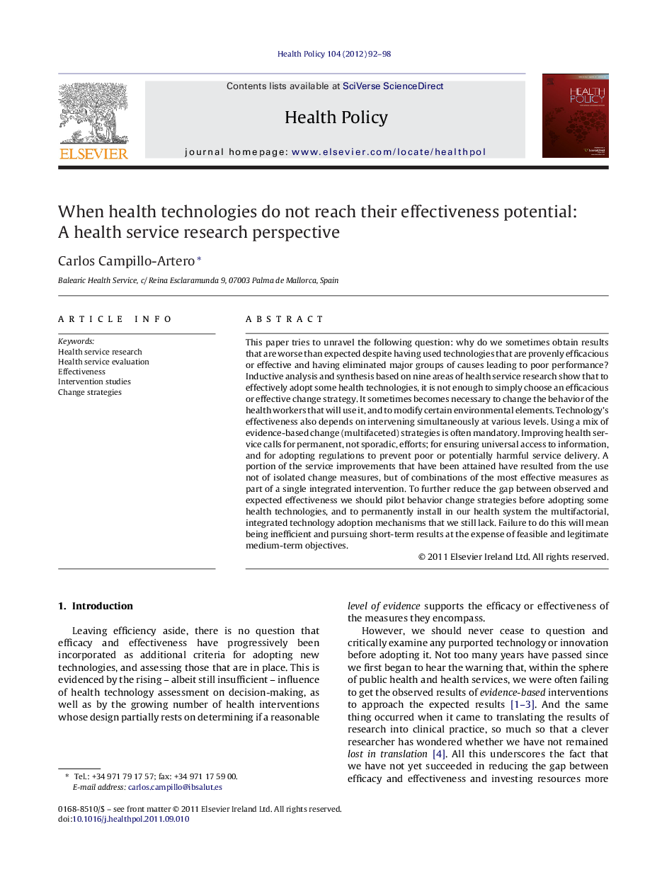 When health technologies do not reach their effectiveness potential: A health service research perspective