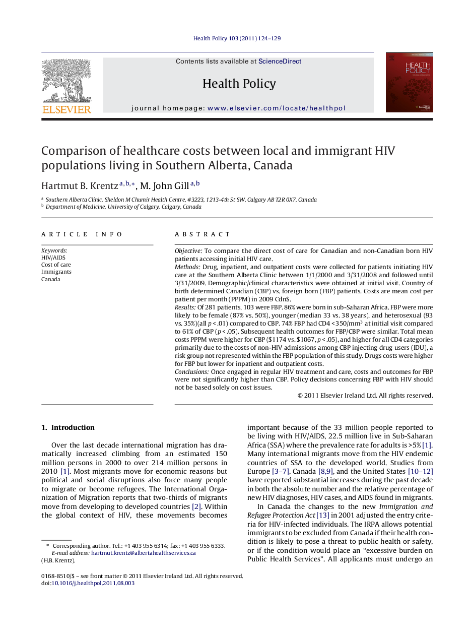 Comparison of healthcare costs between local and immigrant HIV populations living in Southern Alberta, Canada