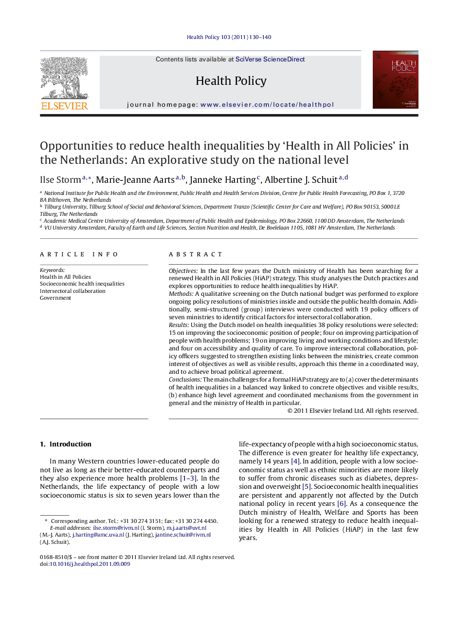 Opportunities to reduce health inequalities by ‘Health in All Policies’ in the Netherlands: An explorative study on the national level