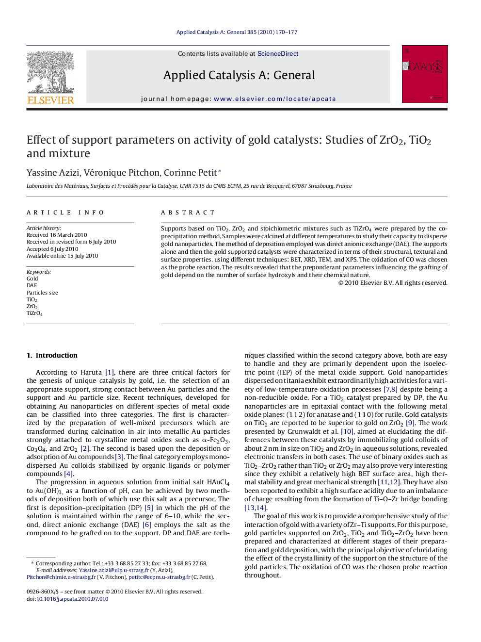 Effect of support parameters on activity of gold catalysts: Studies of ZrO2, TiO2 and mixture