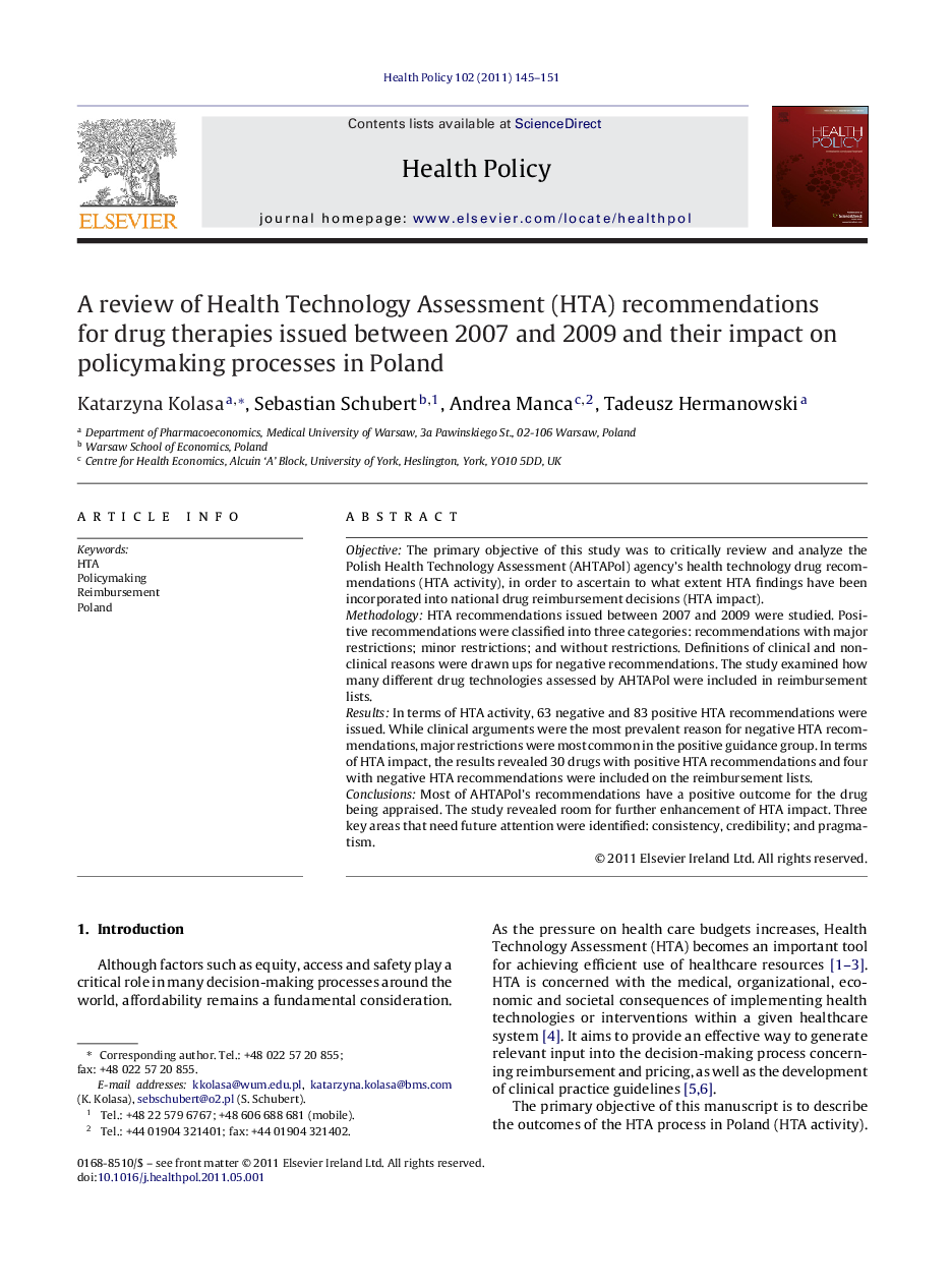 A review of Health Technology Assessment (HTA) recommendations for drug therapies issued between 2007 and 2009 and their impact on policymaking processes in Poland