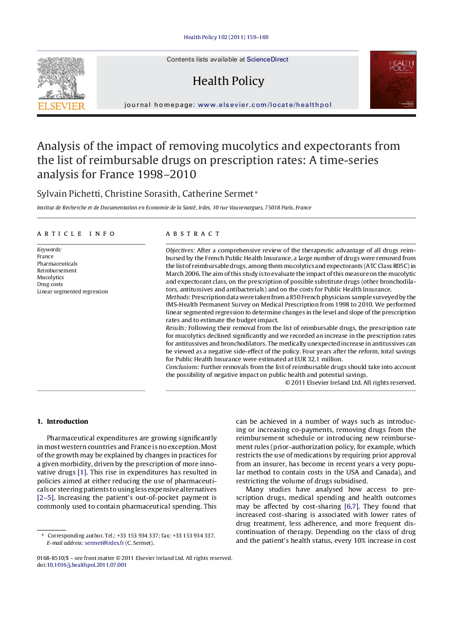 Analysis of the impact of removing mucolytics and expectorants from the list of reimbursable drugs on prescription rates: A time-series analysis for France 1998-2010