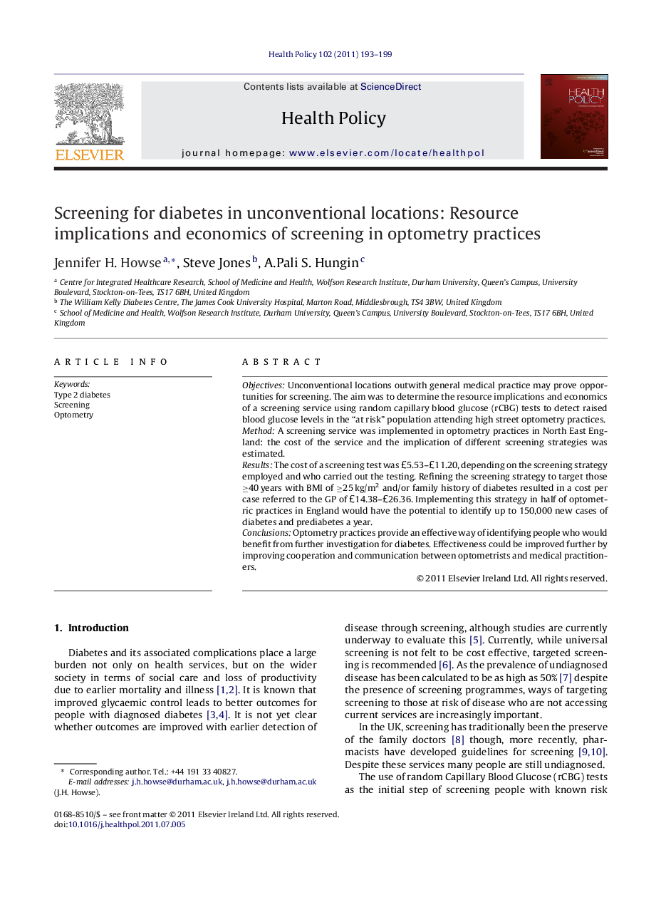 Screening for diabetes in unconventional locations: Resource implications and economics of screening in optometry practices