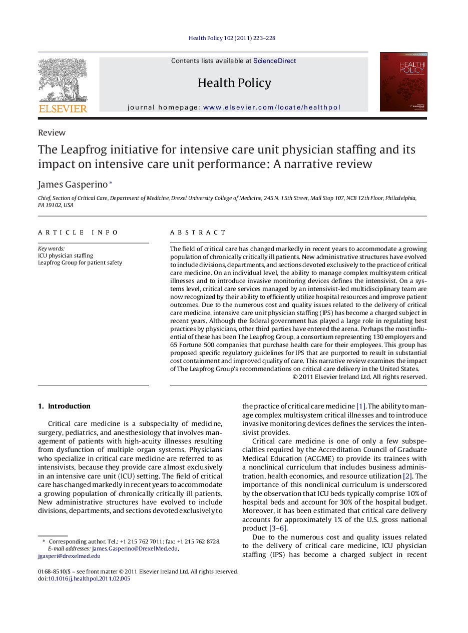 The Leapfrog initiative for intensive care unit physician staffing and its impact on intensive care unit performance: A narrative review