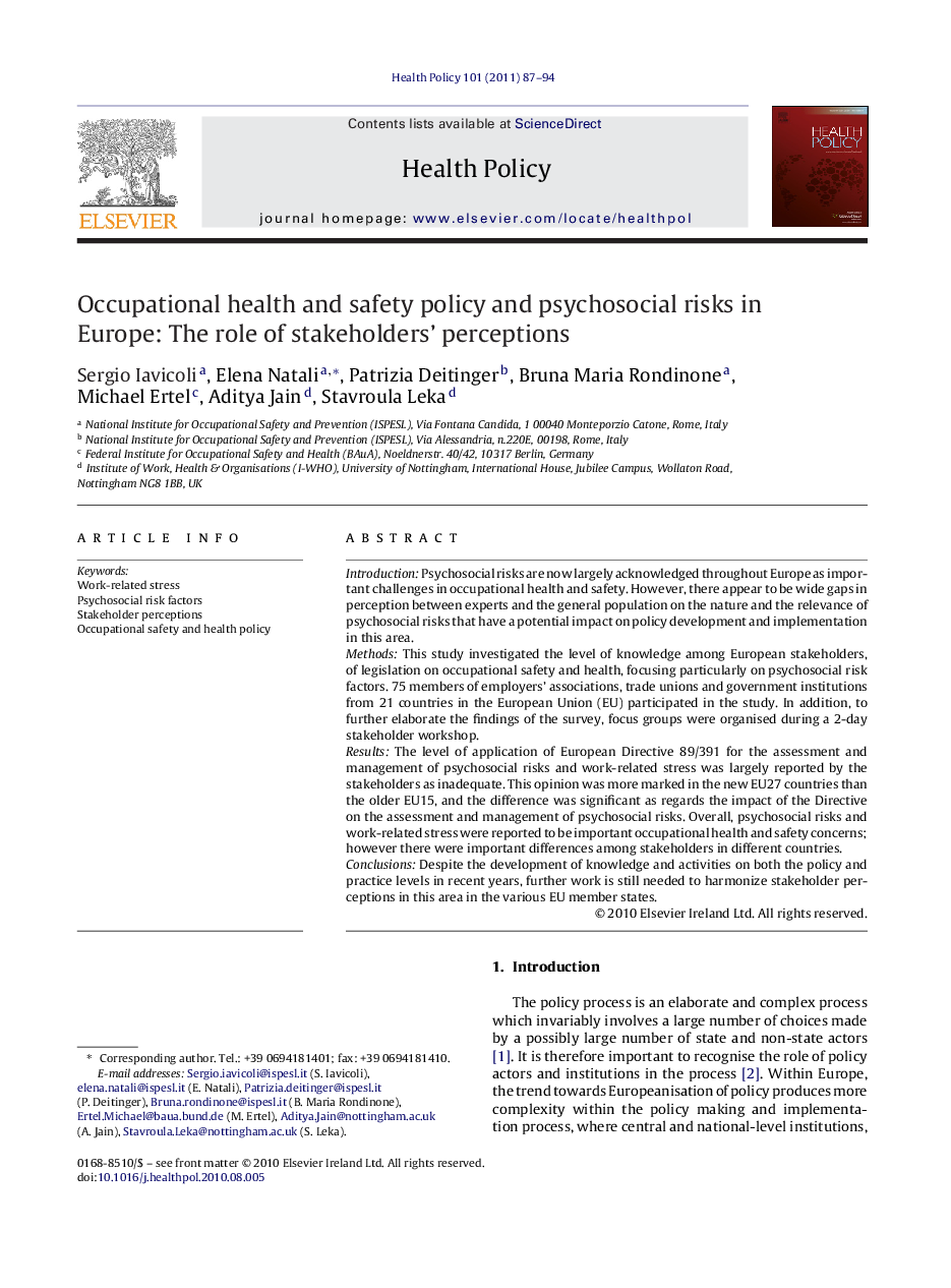 Occupational health and safety policy and psychosocial risks in Europe: The role of stakeholders’ perceptions