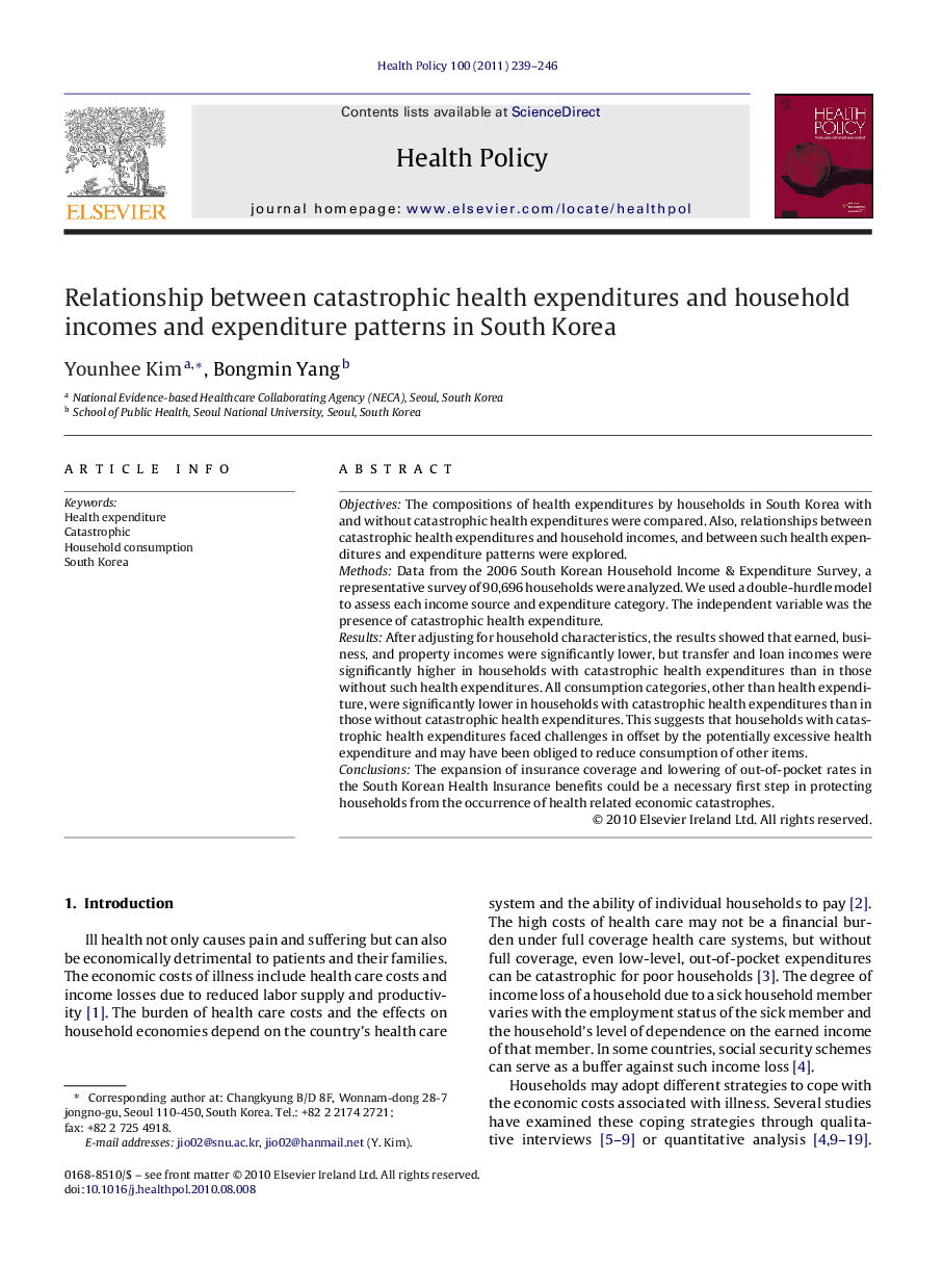 Relationship between catastrophic health expenditures and household incomes and expenditure patterns in South Korea