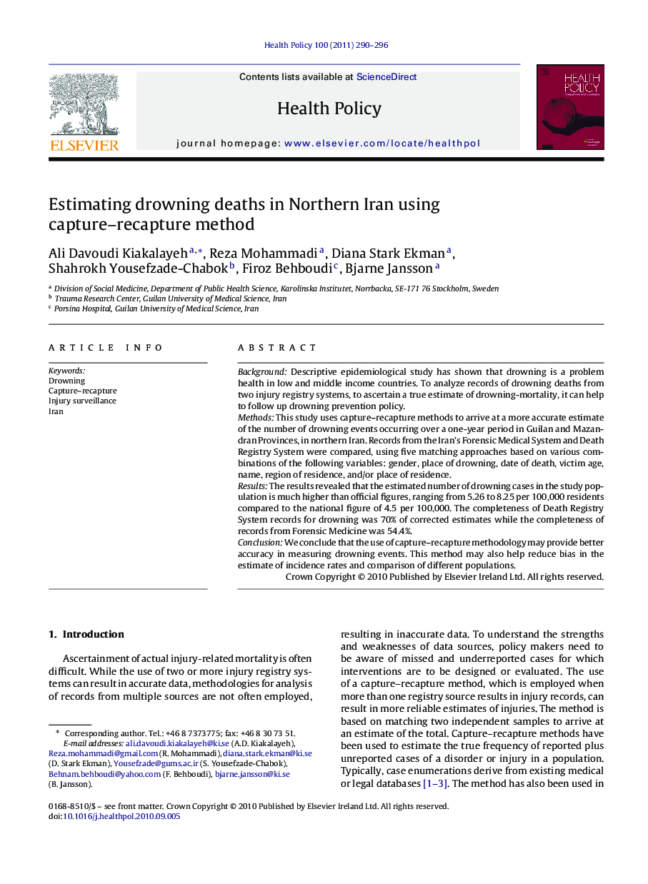 Estimating drowning deaths in Northern Iran using capture–recapture method