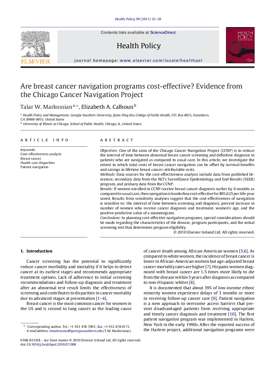 Are breast cancer navigation programs cost-effective? Evidence from the Chicago Cancer Navigation Project