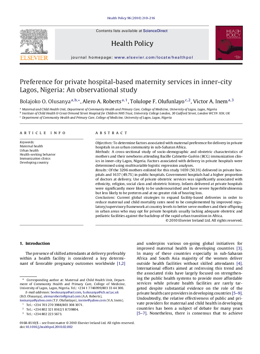 Preference for private hospital-based maternity services in inner-city Lagos, Nigeria: An observational study