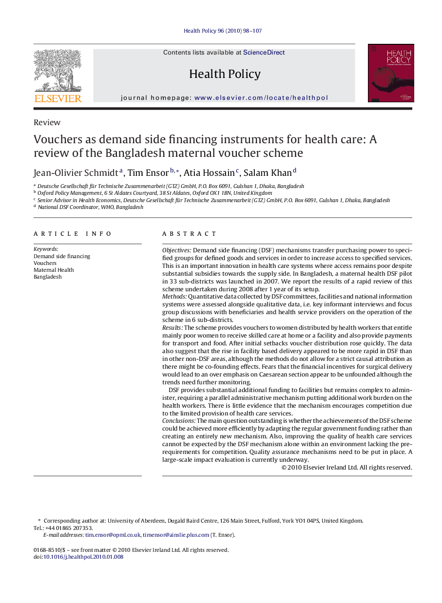 Vouchers as demand side financing instruments for health care: A review of the Bangladesh maternal voucher scheme