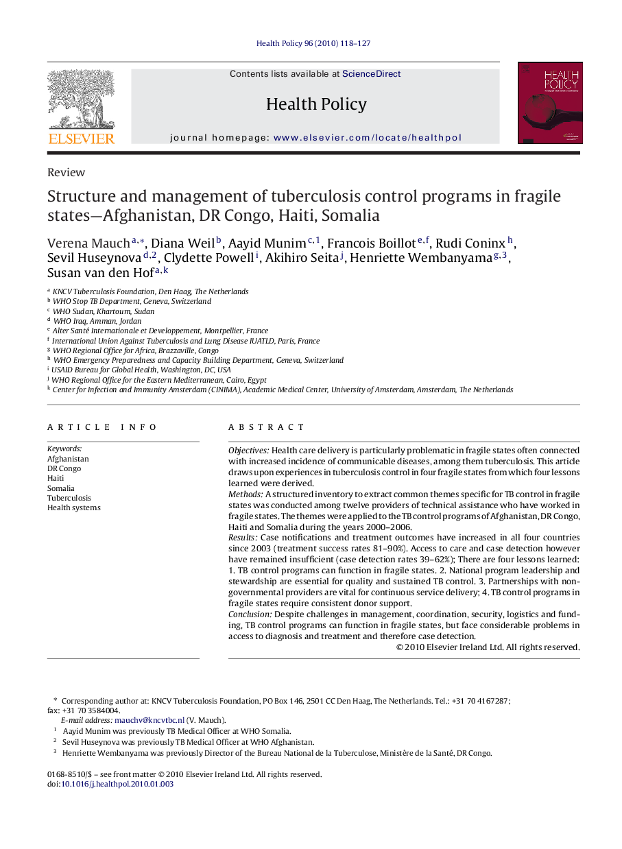 Structure and management of tuberculosis control programs in fragile states—Afghanistan, DR Congo, Haiti, Somalia