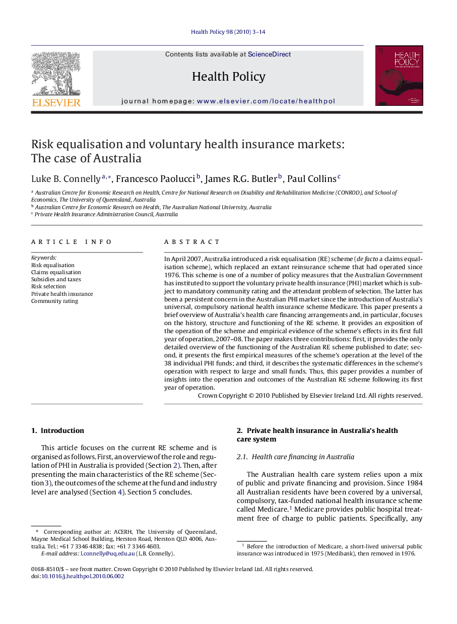 Risk equalisation and voluntary health insurance markets: The case of Australia