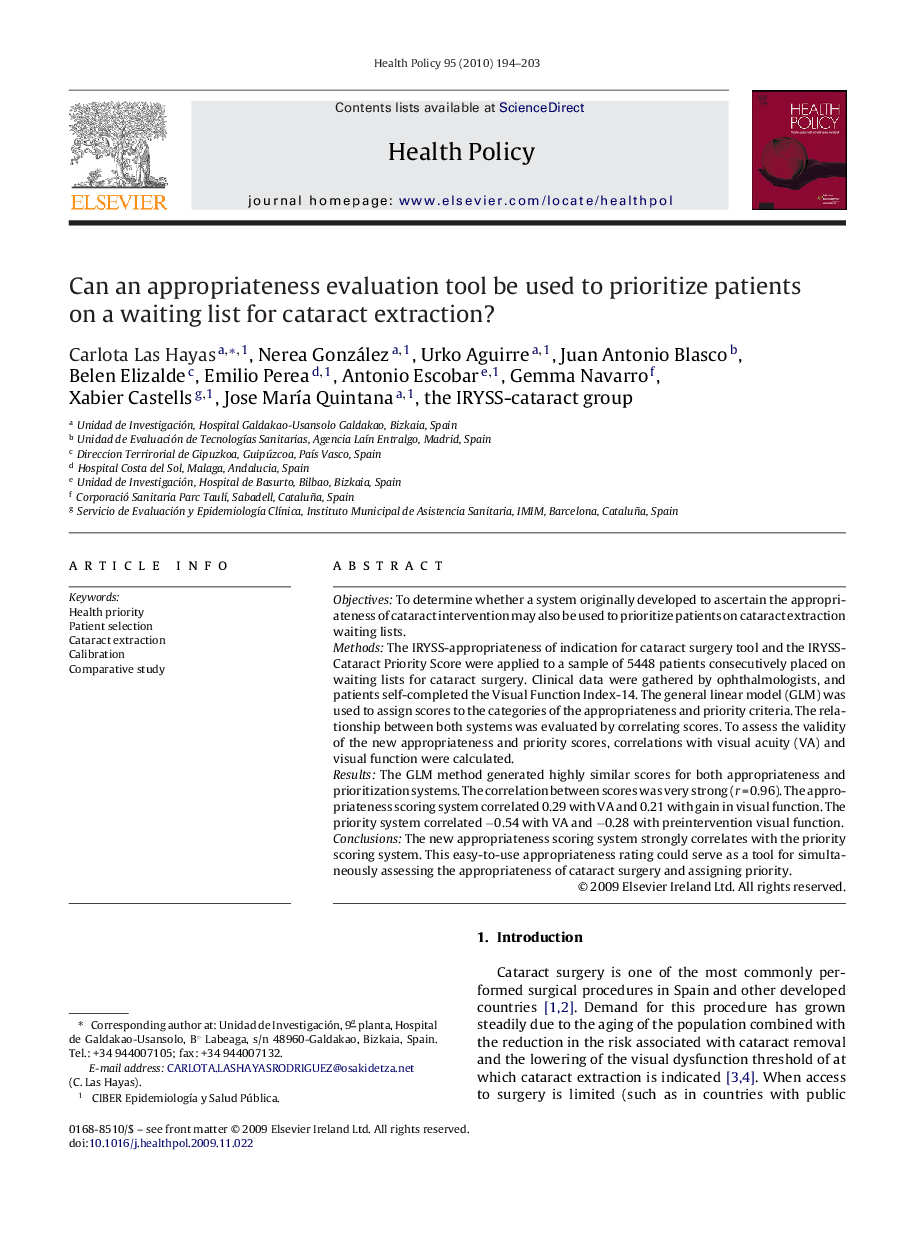 Can an appropriateness evaluation tool be used to prioritize patients on a waiting list for cataract extraction?