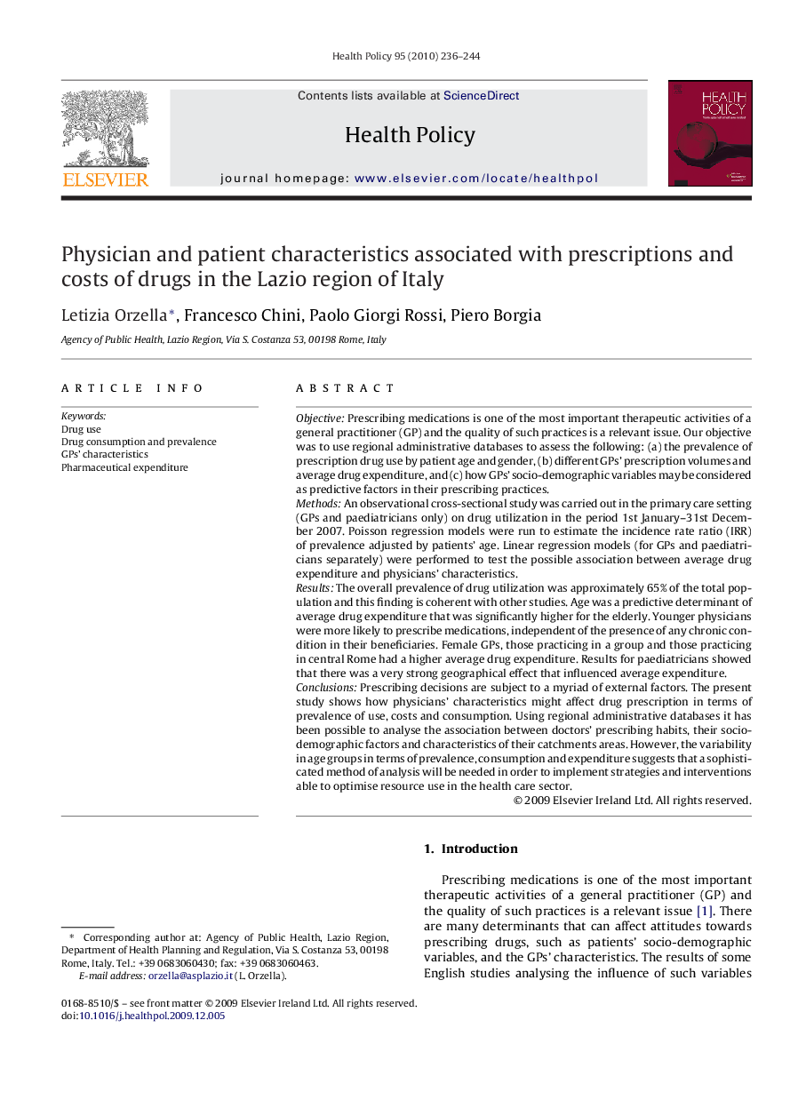 Physician and patient characteristics associated with prescriptions and costs of drugs in the Lazio region of Italy