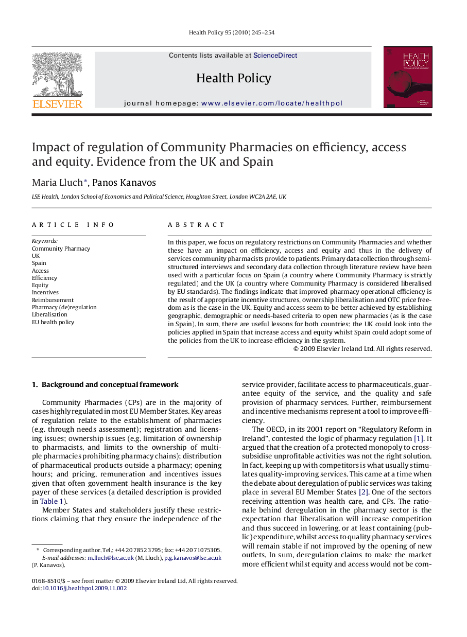 Impact of regulation of Community Pharmacies on efficiency, access and equity. Evidence from the UK and Spain