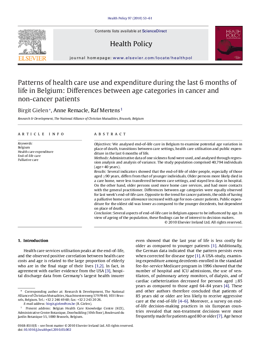 Patterns of health care use and expenditure during the last 6 months of life in Belgium: Differences between age categories in cancer and non-cancer patients