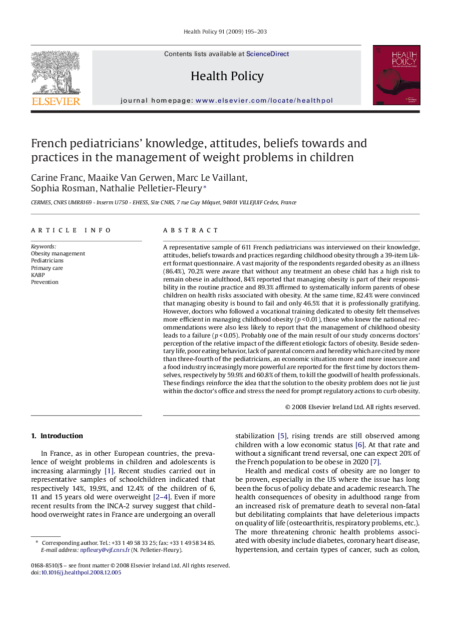 French pediatricians’ knowledge, attitudes, beliefs towards and practices in the management of weight problems in children