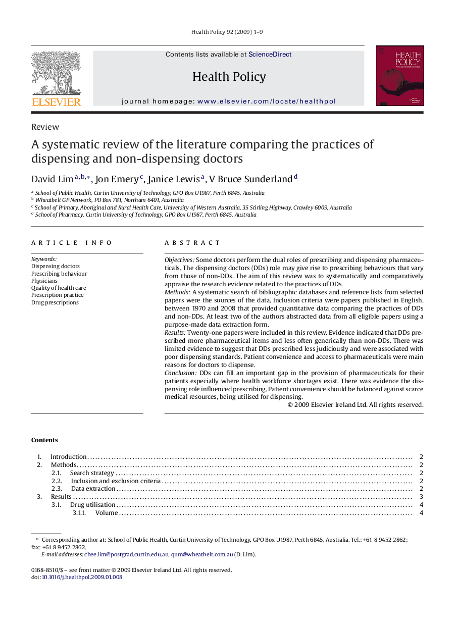 A systematic review of the literature comparing the practices of dispensing and non-dispensing doctors