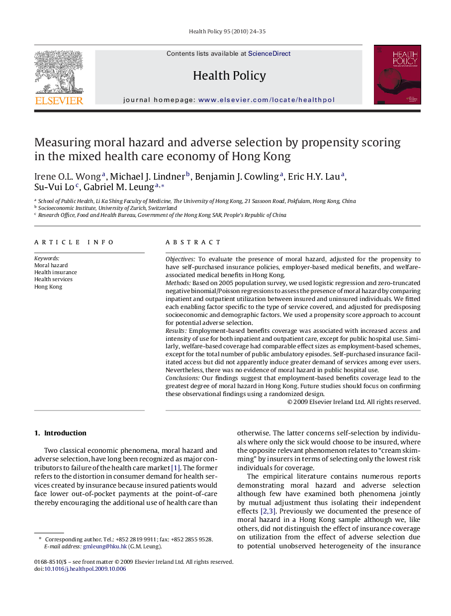 Measuring moral hazard and adverse selection by propensity scoring in the mixed health care economy of Hong Kong