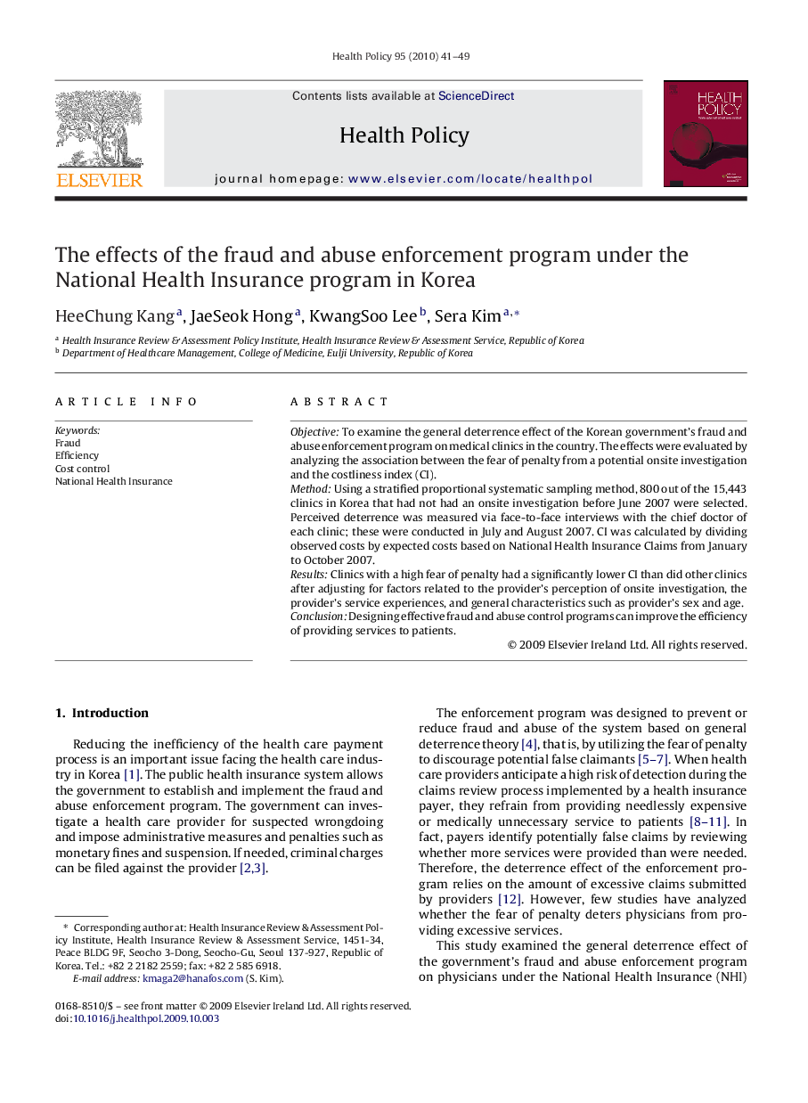 The effects of the fraud and abuse enforcement program under the National Health Insurance program in Korea