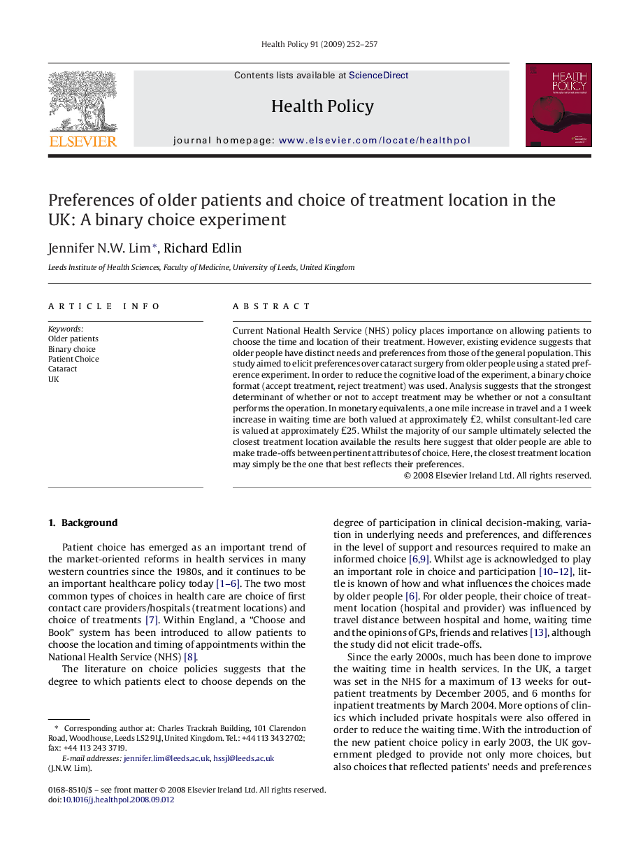 Preferences of older patients and choice of treatment location in the UK: A binary choice experiment