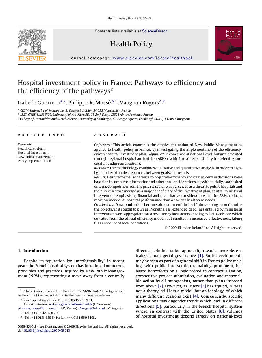 Hospital investment policy in France: Pathways to efficiency and the efficiency of the pathways 