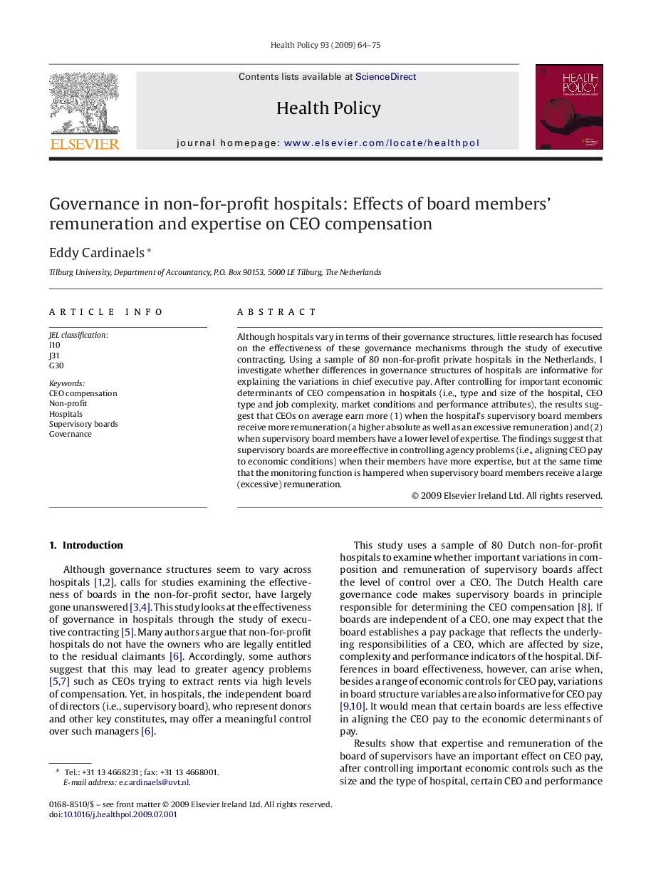 Governance in non-for-profit hospitals: Effects of board members’ remuneration and expertise on CEO compensation