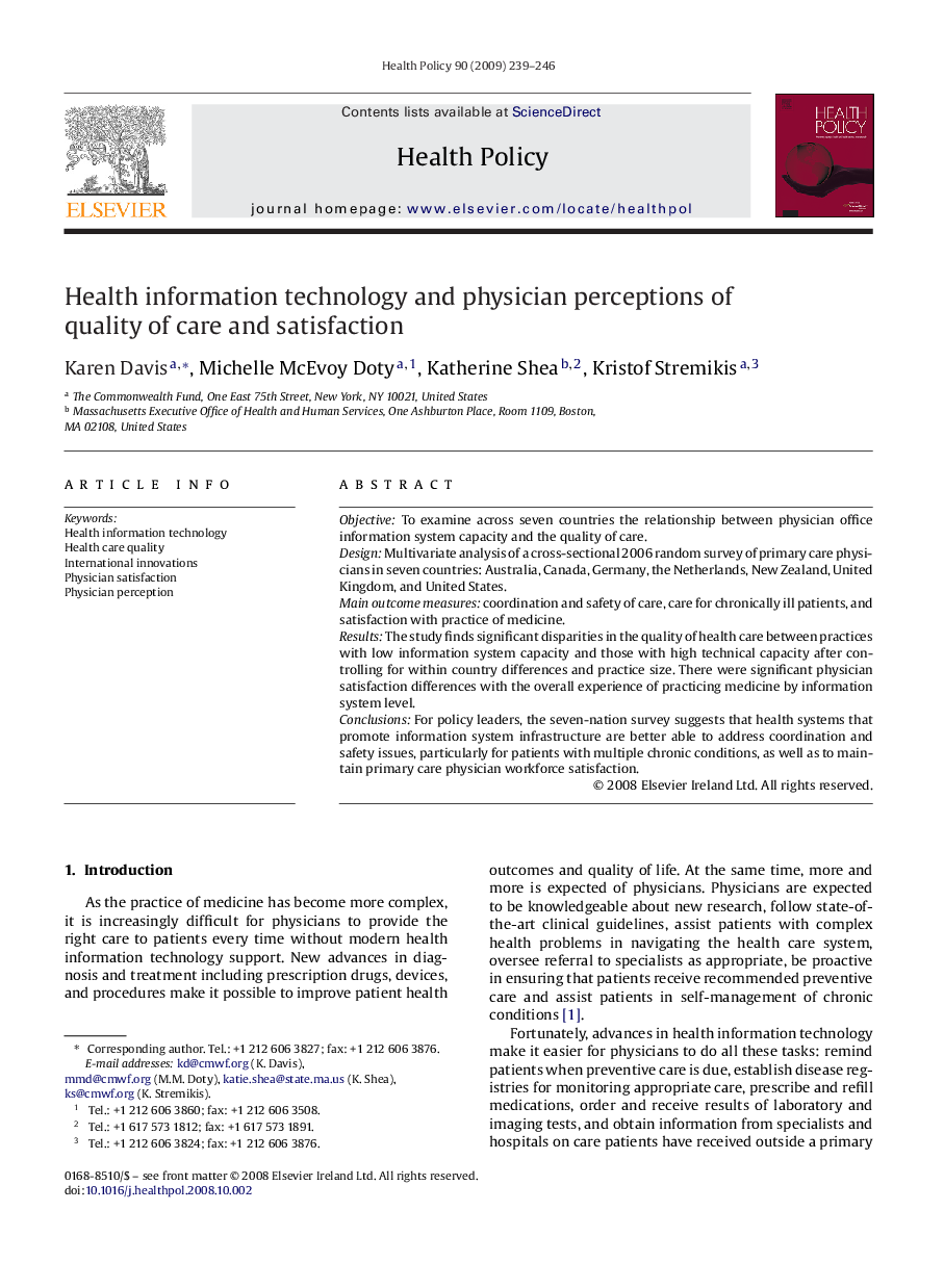 Health information technology and physician perceptions of quality of care and satisfaction