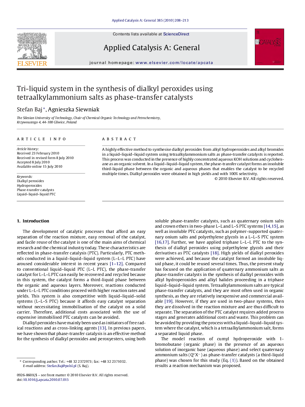 Tri-liquid system in the synthesis of dialkyl peroxides using tetraalkylammonium salts as phase-transfer catalysts