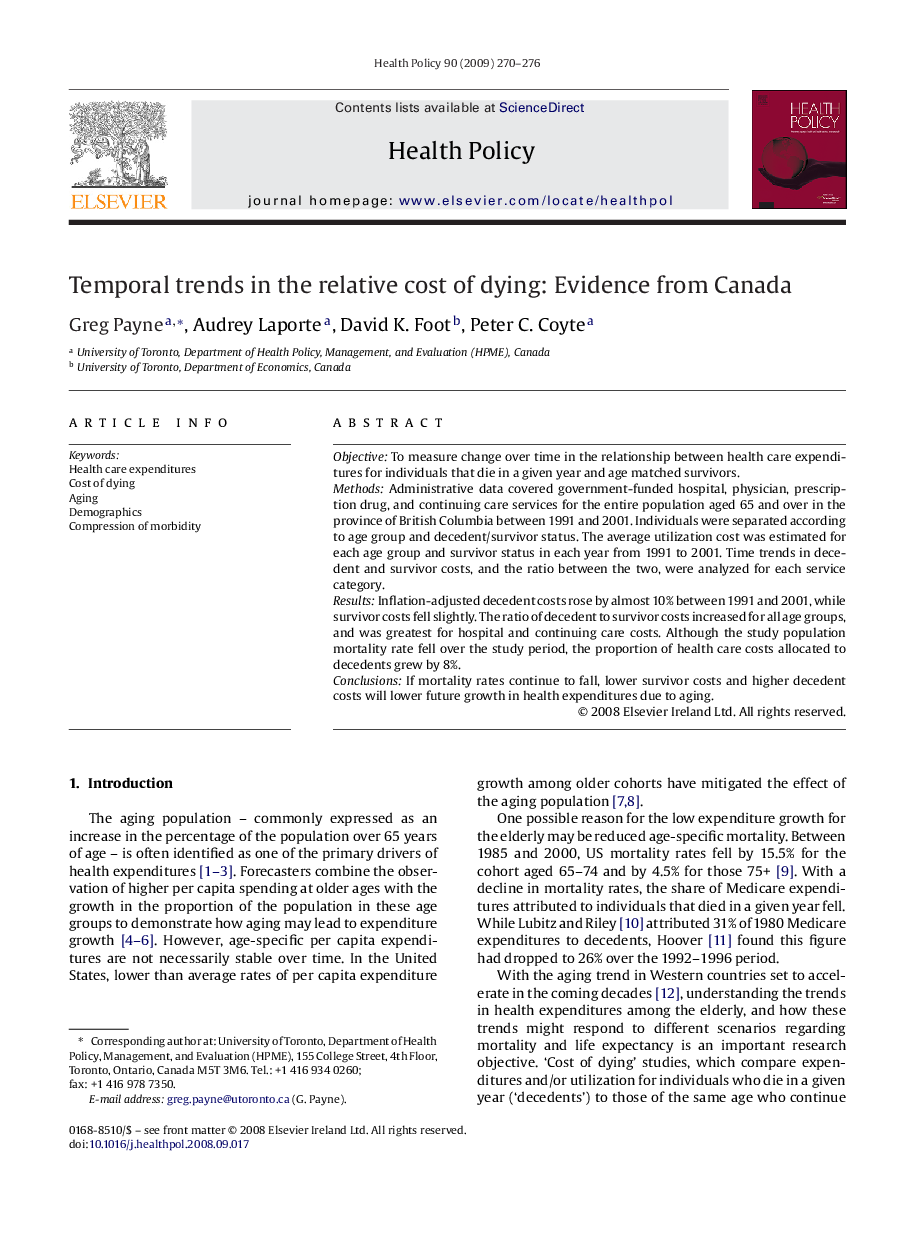 Temporal trends in the relative cost of dying: Evidence from Canada